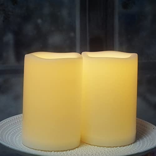 Image of CANDLE CHOICE Waterproof Outdoor Battery Operated Flameless Candles with Timer Large Plastic Resin Bright Flickering Electric LED Pillars Lantern Garden Wedding Christmas Decorations 4 inch(D)x6 inch(H) 2 PCS