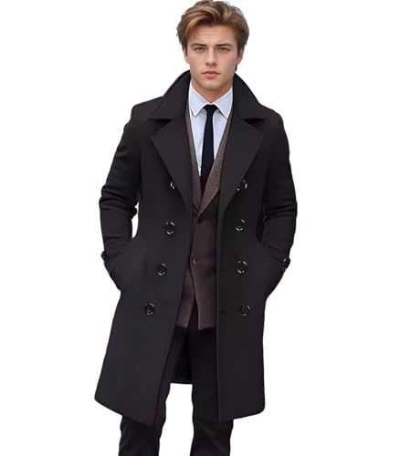 Image of FTIMILD Mens Wool Blend Pea Coat Warm Winter Trench Coat Notched Lapel Double Breasted Overcoat