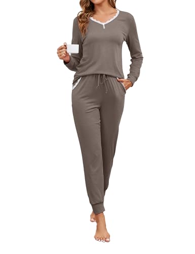 Namatime Schlafanzug Damen Lang Baumwolle Pyjama Set Zweiteiliger Nachtwäsche V-Ausschnitt Sleepwear Winter Loungewear mit Taschen Kaffee Grau XL