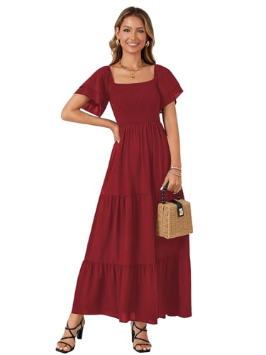 Image of LYANER Women's Square Neck Midi Dress | Summer Ruffle Short Sleeve Smocked Tiered Ruched Flowy A Line Party Casual Dresses