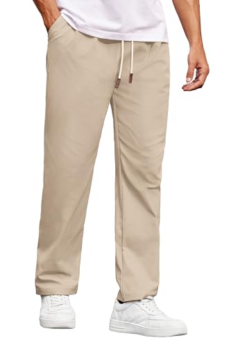 COOFANDY Mens Casual Chino Drawstring Pants Elastic Waist Straight Leg Twill Lounge Pants with Pockets Light Khaki Large
