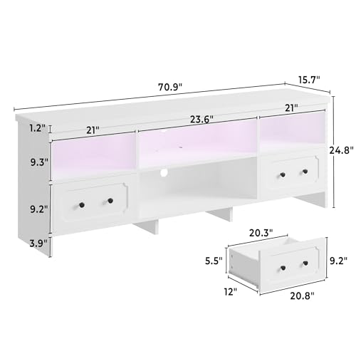 IRONCK TV Stand for 75 Inch TV, 71" LED Entertainment Center with Storage Cabinets, Power Outlets and Open Shelf, Media Console TV Cabinet with Drawers for Living Room, White