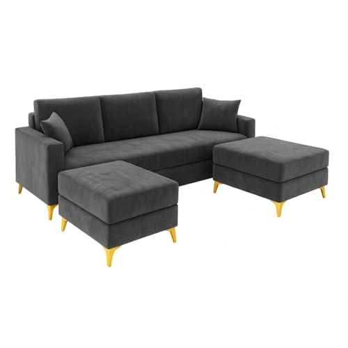 Image of SOCOZI Bravelle 5 Seater L Shape Sofa Set with 2 Movable Ottomans | Flexible Layout| Soft Velvet Suede Fabric|Modern Sofa | Plush Comfort Cushions for Living Room (Dark Gray)