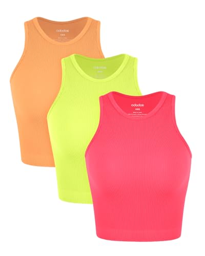 Image of ODODOS 3-Pack Seamless Crop Tank for Women Ribbed Soft High Neck Cropped Tops