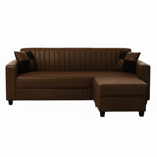 Image of FURNY Gracina 4 Seater L Shape Sofa Set with Movable Ottoman | Flexible Left or Right Layout | Premium Leatherette Upholstery (Brown) | Perfect for Living Room, Guest Room & Office