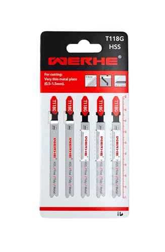 WERHE® Lame de scie sauteuse T118G 5 pièces pour la coupe du métal - pour la coupe précise de tôles très fines (0.5-1.5mm) - Lame de scie sauteuse à queue en T - Accessoires pour scies sauteuses