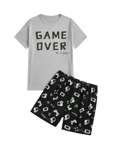 Verdusa Men's Summer Pajamas Set 2 Piece Pjs Sets Short Sleeve Letter Print Tee and Short Lounge Set