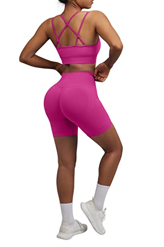 Omkagi Workout Sets For Women Seamless Strappy Sports Bra Butt Lifting Workout Shorts Leggings 2 Piece Gym Outfits(M,4-Dragon Fruit) #TOP5