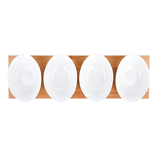 vancasso Servizio da Tavola in Porcellana Set di Ciotole Ceramica Combinazione Piattini, Vassoi per Aperitivi e Tapas Fruttiere Insalatiere Colore Bianca Crema, Set 4 Pezzi con Un Vassoio di Legno