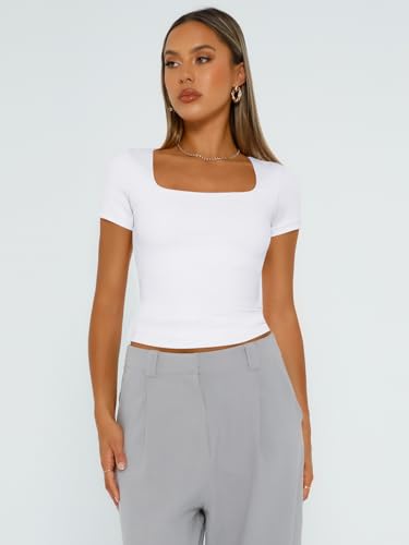 Trendy Queen Short Sleeve Shirts for Women Double Lined Square Neck Cute Going Out Crop Tops Spring Summer Teens Basic Tees