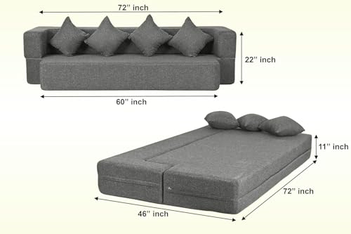 Image of Rosebell Flipper Three Seater | 70 X 46 X 9 | Foldable Sofa Cum Bed with Washable Fabric Four Cushions for Living Room - Grey-Color
