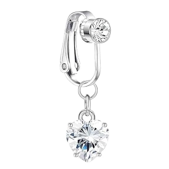 Image of Fake Silver Belly Navel Clip | No Piercing Belly Button Ring | Non Pierced Heart Dangle Jewelry for Girls & Women | Trendy Clip On Body Jewelry for Party