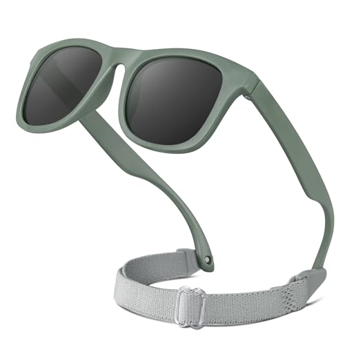 RIVBOS Baby Sunglasses Boys&Girls with Strap UV400 Polarized Flexible for Toddler,Infant and Newborn(0-24month) Light Green&Grey Lens RBK0231