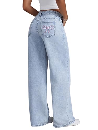 Bow Embroidered Jeans for Women High Waist Straight Wide Leg Denim Pants 2025 Basic Loose Cute Bowknot Baggy Jeans