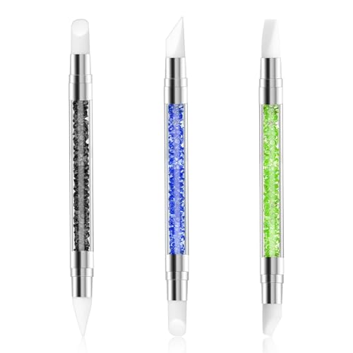 ネイルアート彫刻ペン、デュアルチップシリコンネイルツール、シリコンヘッドアクリルハンドルネイルアートブラシ、ラインストーンネイルポリッシュカービングペン、ホームサロン用ネイルアートツール(ブラックグリーンロイヤルブルー)