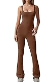 QINSEN Flare Jumpsuit for Women Sexy Square Neck Sleeveless Bodycon Flare Long Pants Romper Brown M