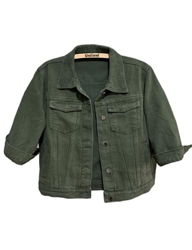 Unilexi Women's 3/4 Sleeve Colored Cropped Denim Jacket Light Wash Short Jean Jacket Trucker Coat(0096-ArmyGreen-XL)