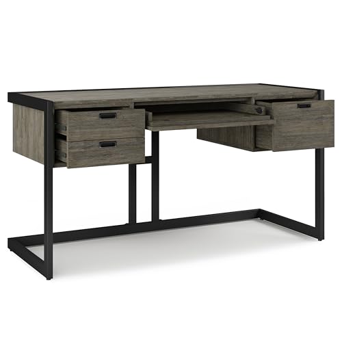 SIMPLIHOME Hampden SOLID ACACIA WOOD Modern Industrial 60 Inch Wide Desk in Weathered Grey, For the Office Desk, Writing Table, Workstation and Study Table