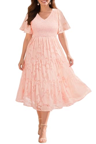Pinup Fashion Plus Size Wedding Guest Dresses Summer-V Neck Flutter Sleeve Floral Lace Smocked Tiered Midi Dress