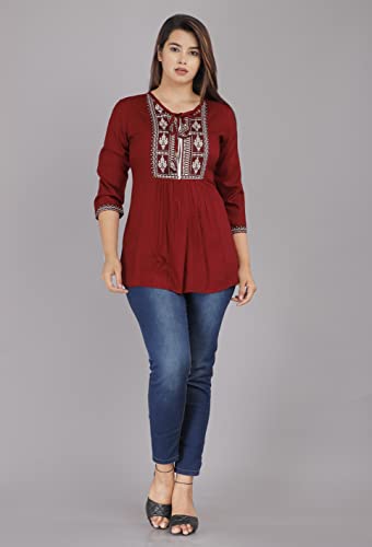 Image of Shiva Fab Short Kurti for Women | Embroidered Straight Rayon Kurta | Round Neck Full Sleeves Short Kurti for Women's