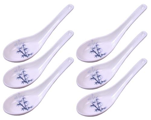Image of Happy Sales Melamine Soba, Rice Spoons, Asian Chinese Won Ton Soup Spoon, 6 Pack Blue Bamboo Design