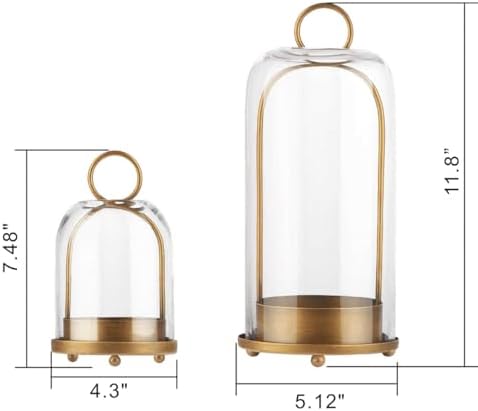 Metal Candle Holder with Glass Dome for Pillar Candle in Set of 2 in Brass Finish (2, Brass, Large & Small)