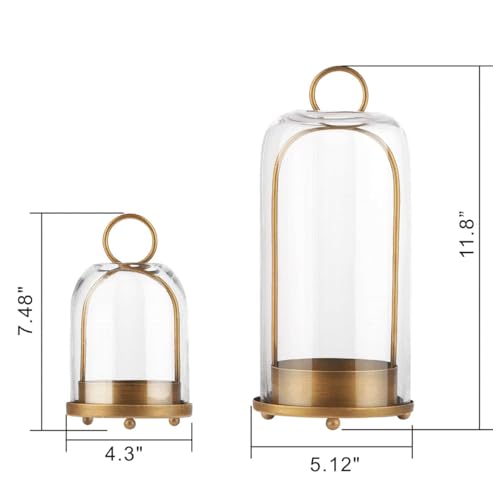5" & 4" Wide Versatile Metal Candle Holder in Antique Brass with Handmade Thick, Heavy & Sturdy Glass Dome for Pillar Candle, Industrial, Modern, Shelf, Mantel, Veranda, Porch (Brass)