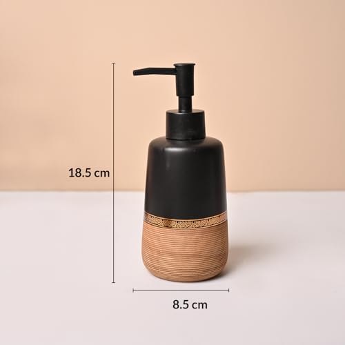 Image of Market99 Ceramic Bathroom Set of 4 in Matte Golden & Black with Elegant Wooden Elegance Design, Includes Soap Dispenser, Tumbler, Toothbrush Holder, and Soap Dish, Soap Dispenser 400 ML Capacity