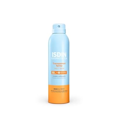 ISDIN Isdin Fotoprotector Transparent Spray Wet Skin Spf 50 | Aplicación 360º | Invisible Y Eficaz Sobre Piel Mojada 250 ml