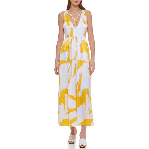 chinese dress ladies DKNY Sleeveless Printed Maxi Dress White/Pop Yellow Multi LG at Amazon  Women's Clothing store