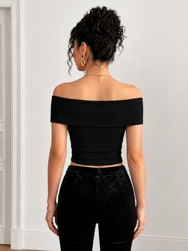 Image of TIVANTE Off-Shoulder Top for Women Stylish, Ruched V Neck Tops for Woman with Gold-Tone Metal Buckle Detail || Fitted Tops for Woman