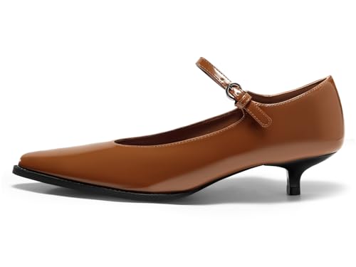Coutgo Womens Kitten Low Heels Dress Shoes Mary Jane Ankle Buckle Strap Pumps Party Wedding Elegant Shoes