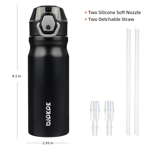 Image of BJPKPK 18 oz Water Bottle with Straw & Handle, Insulated Stainless Flask | Leak Proof Locking Lid, Thermal, Double Wall Vacuum, Keeps Hot /Cold, BPA Free, Dishwasher Safe, Travel & Sports, Black