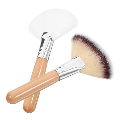 Beavorty Brochas Abanico para Maquillaje Facial, 2 Piezas Mango Largo Natural y Cerdas Suaves de Nylon, Aptas para Aplicar Polvos, Base y Rubor, Recomendadas para Maquilladores y Amantes
