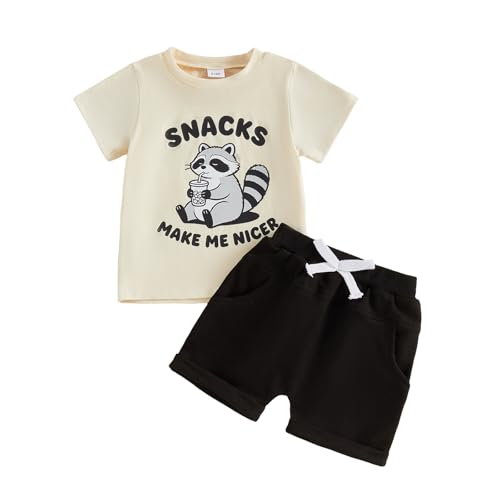 Image of Polinkety Toddler Baby Boy Summer Outfits Without My Snacks I Am Nothing Raccoon T-Shirt Shorts Set Cute Infant Clothes