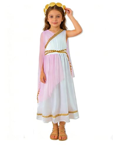 Little Girls Greek Goddess Dress with Roman Crown Leaf Wreat (5-6 Years Pink)