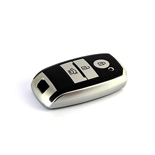 Image of JVCV Premium Soft TPU Leather Pattern Key Cover Compatible with Kia Seltos Sonet Carens 3 Button Push Start Car Key (Silver Black)