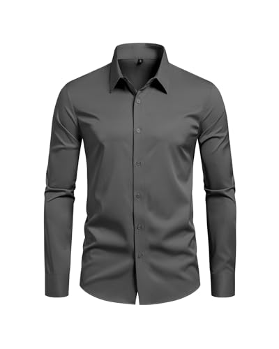 Lasjixion Camisa social masculina slim fit, sem rugas, formal, casamento, manga comprida, abotoada, Cinza escuro, M