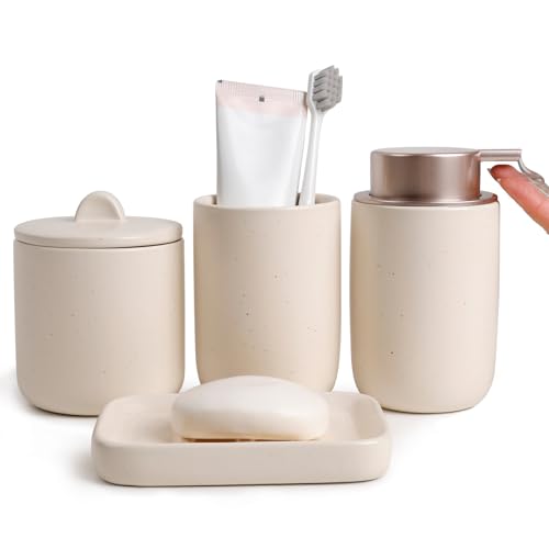BosilunLife Ceramic Bathroom Accessories Sets Complete Bathroom soap Dispenser and Toothbrush Holder Set (Apricot-Liquid)