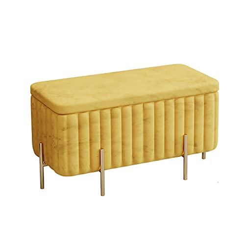 Banco de almacenamiento de terciopelo de lujo con patas de metal, asiento suave y reposapiés, taburete tapizado contemporáneo para dormitorio, color amarillo, 90 x 45 x 42 cm