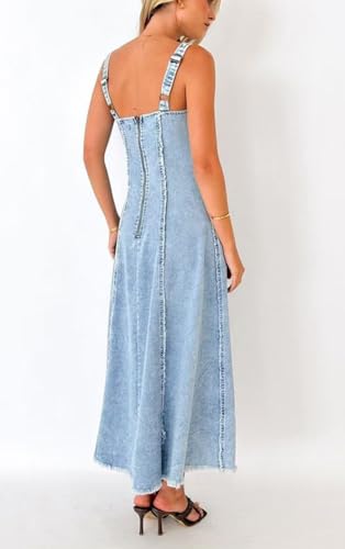 Image of chouyatou Women's Adjustable Spaghetti Strap Maxi Long Denim Dress A-Line Swing Distressed Jean Sun Dress