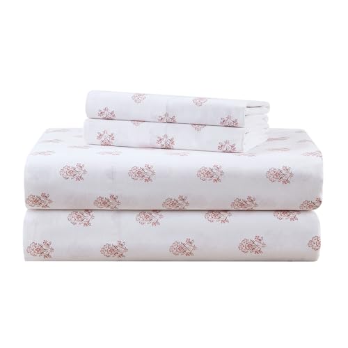 Comfort Spaces 100% Cotton Sheets Queen, Breathable, Naturally Cool Cotton Sheets, Soft Cotton Bed Sheets with 14" Elastic Pocket Fits up to 16" Mattress, All Seasons Sheet Set, Floral Pink 4 Piece