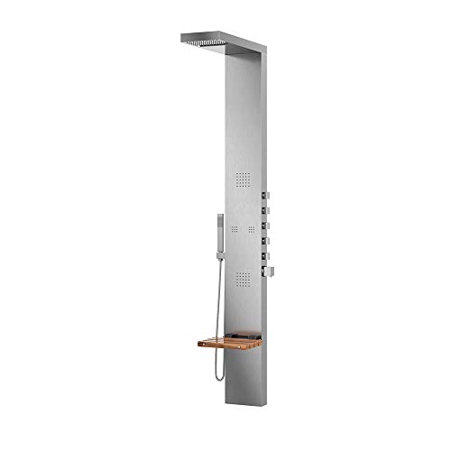 Pulse Showerspas 1035 Oahu Showerspa Panel With 7" Rain/Waterfall Showerhead, 4 Body Spray Jets In 2-Sizes, Hand Shower, Folding Teak Seat/Shelf, Brushed Stainless Steel Finish #TOP27