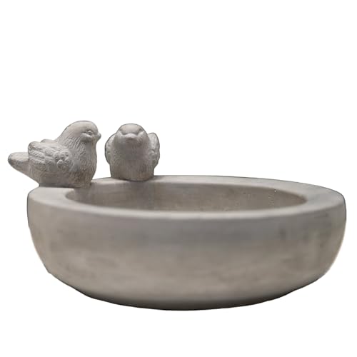 Cement Bird Bath Bowl with Engraved Floral Design, Round Decorative Bird Figurine Bowl, Washed Concrete Finish, Outdoor Garden Bird Feeder & Water Bowl: 9.50"x8.50"x4.50"H