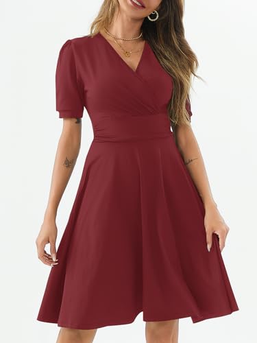 Image of Women's Summer Casual Dress Short Sleeve Wrap V-Neck A-Line Dress Sundress Wedding Guest Cocktail Midi Dresses
