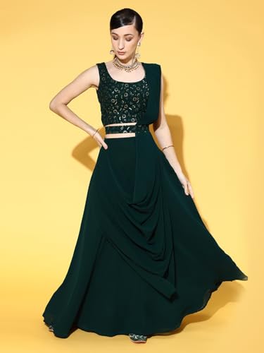 Image of TRENDMALLS Women's Chikankari Sequins Work Embroidery Georgette Lehenga Choli with Dupatta For Women-L246-DarkGreen(Bridal-Latest-Wedding-Festive-Lehenga-Free size)