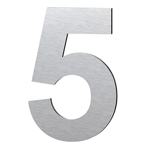 Edelstahl Hausnummer große - Wetterfest und Pflegeleicht - Metallic Mattes Silber Finish - Moderner Schwebender Aussehen und Einfache Installation - Höhe 254 mm - Arial Ziffer 5