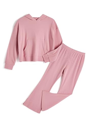 Image of Girls 2 Piece Hoodie Bell Bottom Sweatsuit Fall Outfit Set | Long Sleeve,front pocket,side-slit flare,machine washable,soft rayon-blend,skin-friendly,stretchy,durable