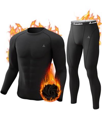 CL convallaria Thermal Underwear for Men Long Johns Set Fleece Lined Hunting Gear Top Bottom Base Layer for Cold Weather Heavyweight Black