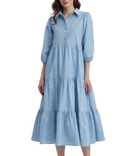D-Sun Damen Hemdkleid, kariert, 3/4 Puffärmel, Maxikleid 2025, Sommer, lässig, Hemdkleider, Hell, blau, X-Groß